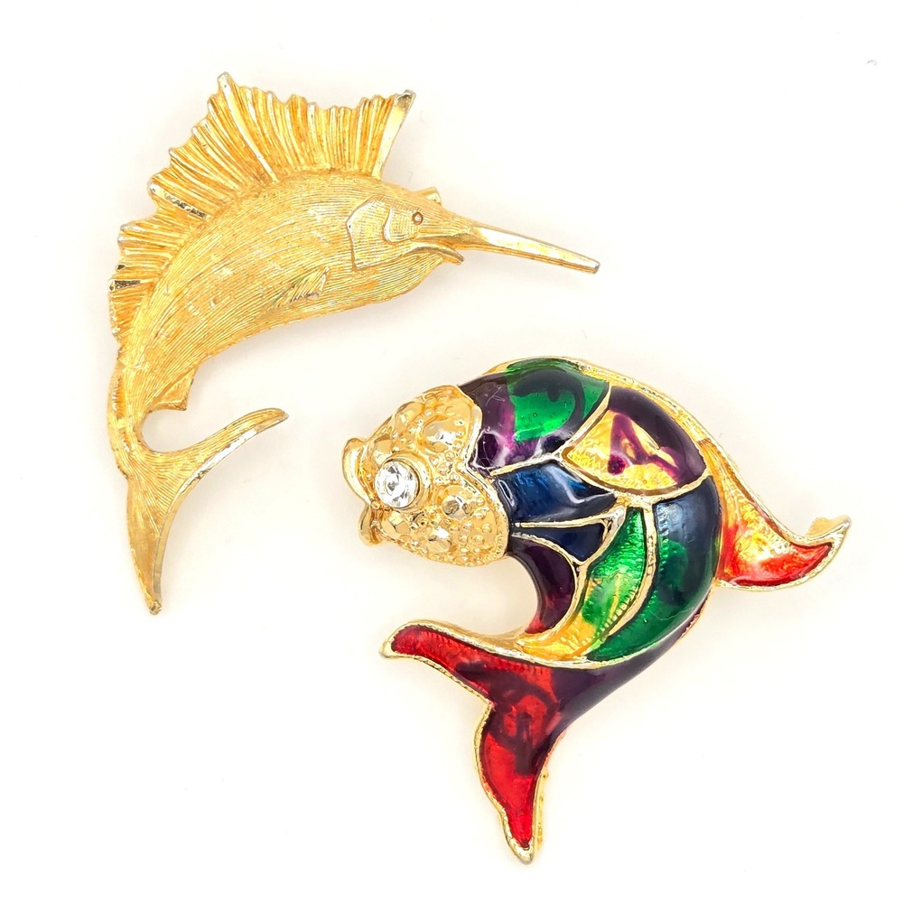 Vintage Gold Tone Marlin and Multi Color Enamel Fish Brooch Pin Set Nautical